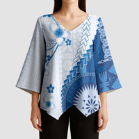 Bula Fiji Kimono Sleeve Blouse Blue Plumeria Masi Tapa Pattern LT05 - Polynesian Pride