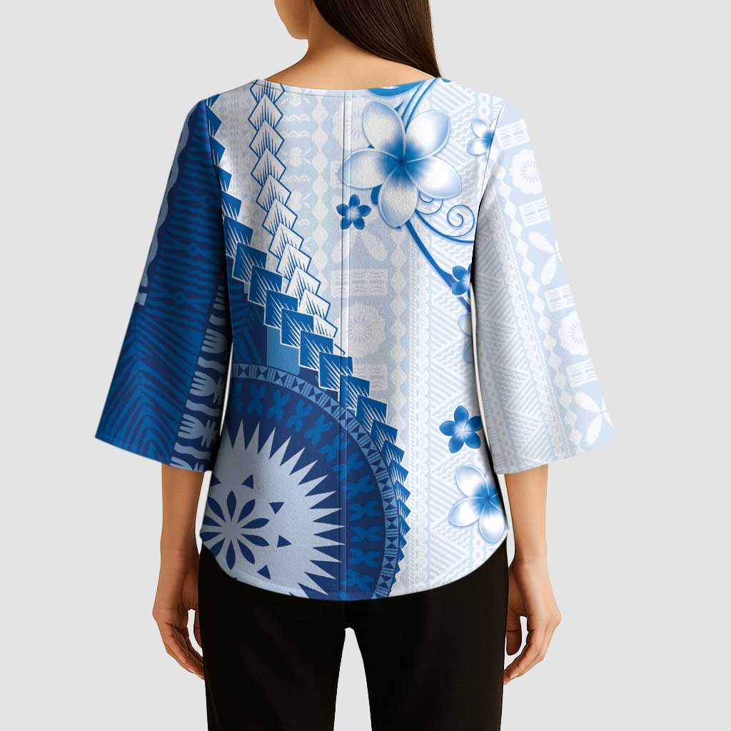 Bula Fiji Kimono Sleeve Blouse Blue Plumeria Masi Tapa Pattern LT05 - Polynesian Pride