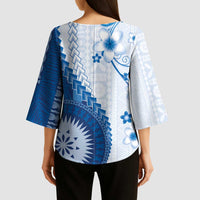 Bula Fiji Kimono Sleeve Blouse Blue Plumeria Masi Tapa Pattern LT05 - Polynesian Pride