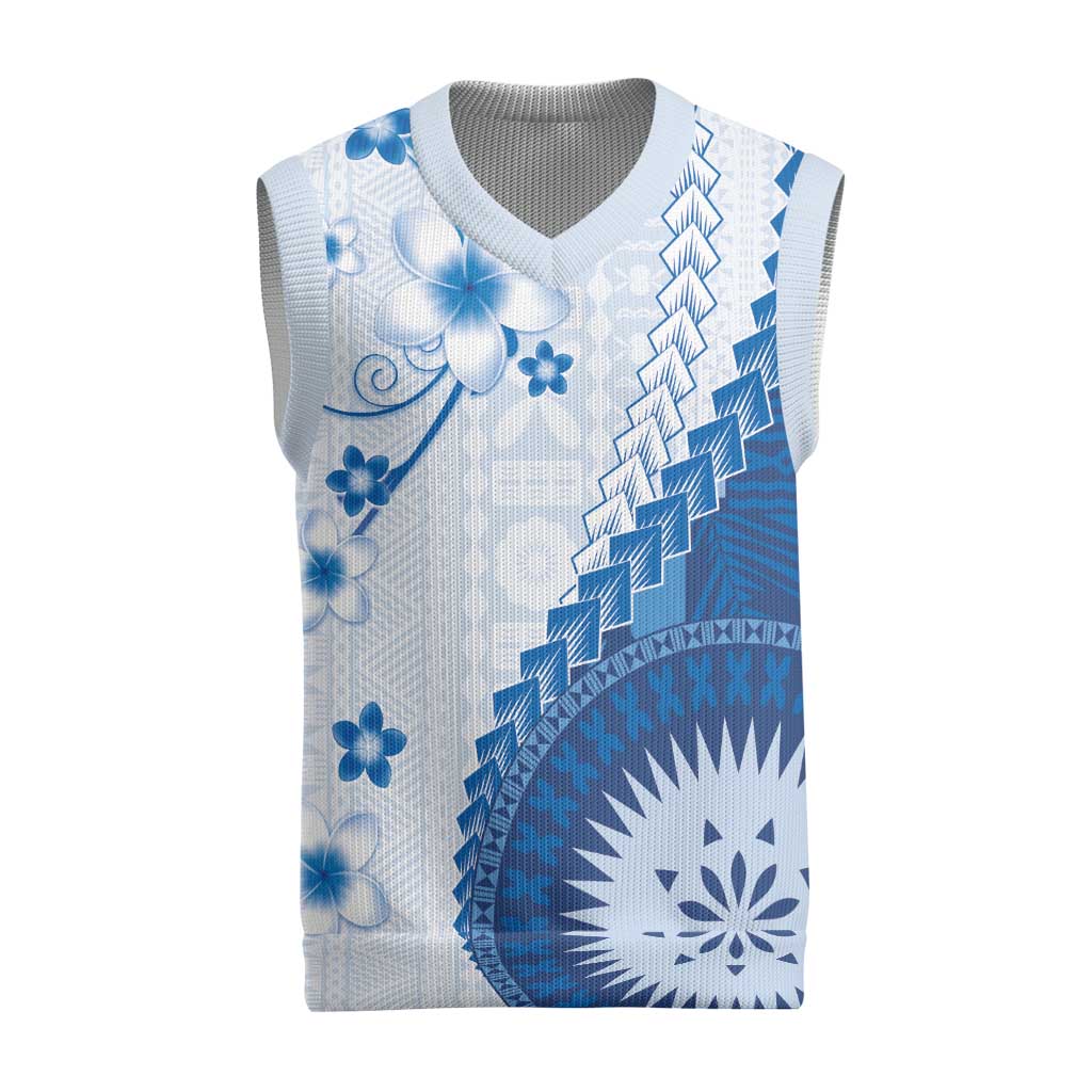 Bula Fiji Christmas Knitted V-Neck Vest Blue Plumeria Masi Tapa Pattern LT05 Blue - Polynesian Pride