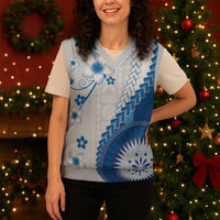 Bula Fiji Christmas Knitted V-Neck Vest Blue Plumeria Masi Tapa Pattern LT05 - Polynesian Pride