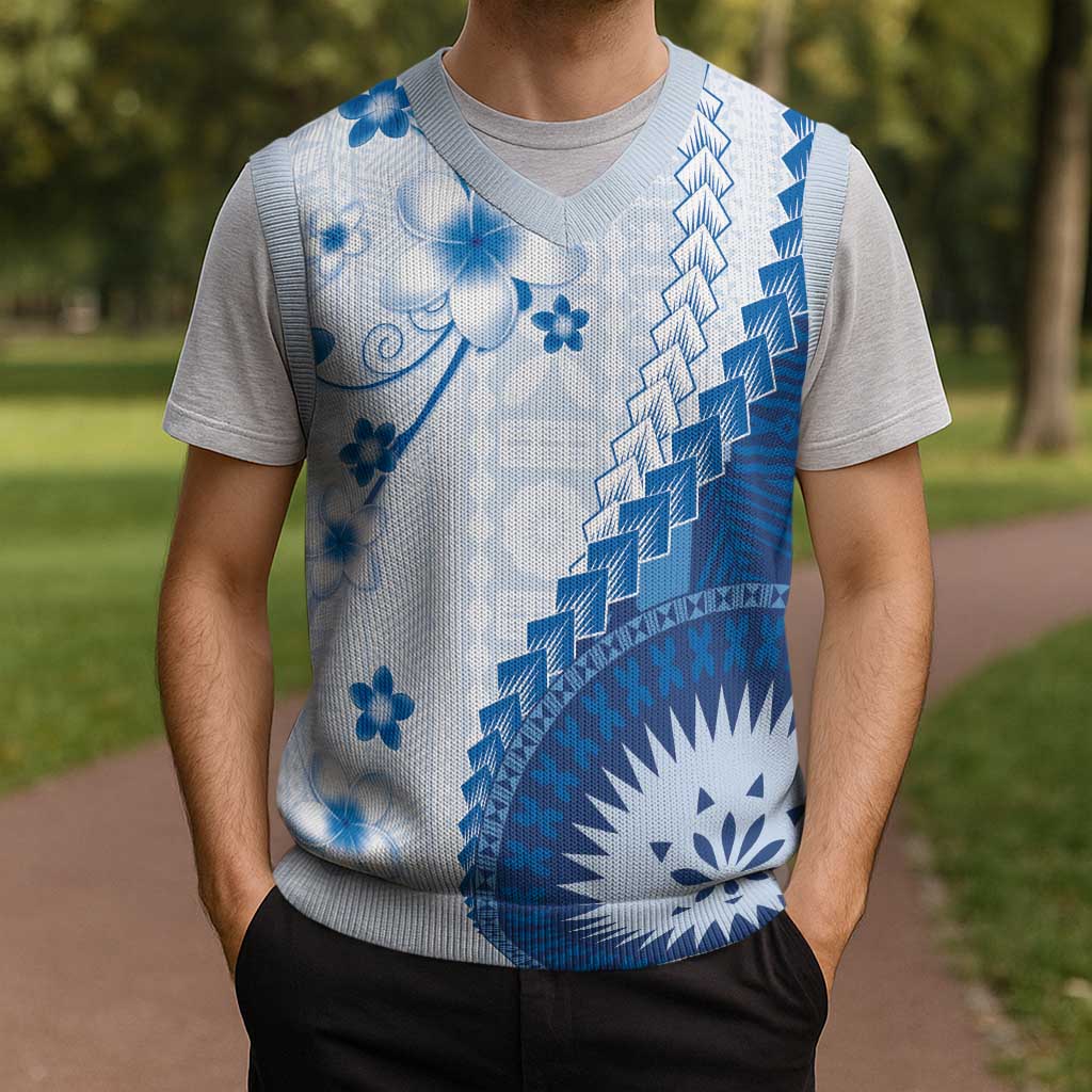 Bula Fiji Christmas Knitted V-Neck Vest Blue Plumeria Masi Tapa Pattern LT05 - Polynesian Pride
