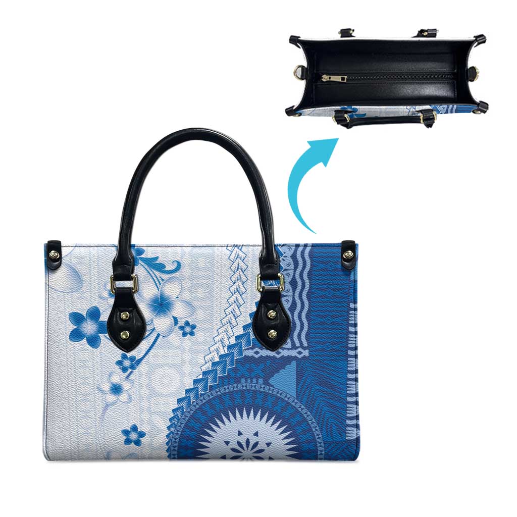Bula Fiji Leather Bag Blue Plumeria Masi Tapa Pattern LT05 - Polynesian Pride