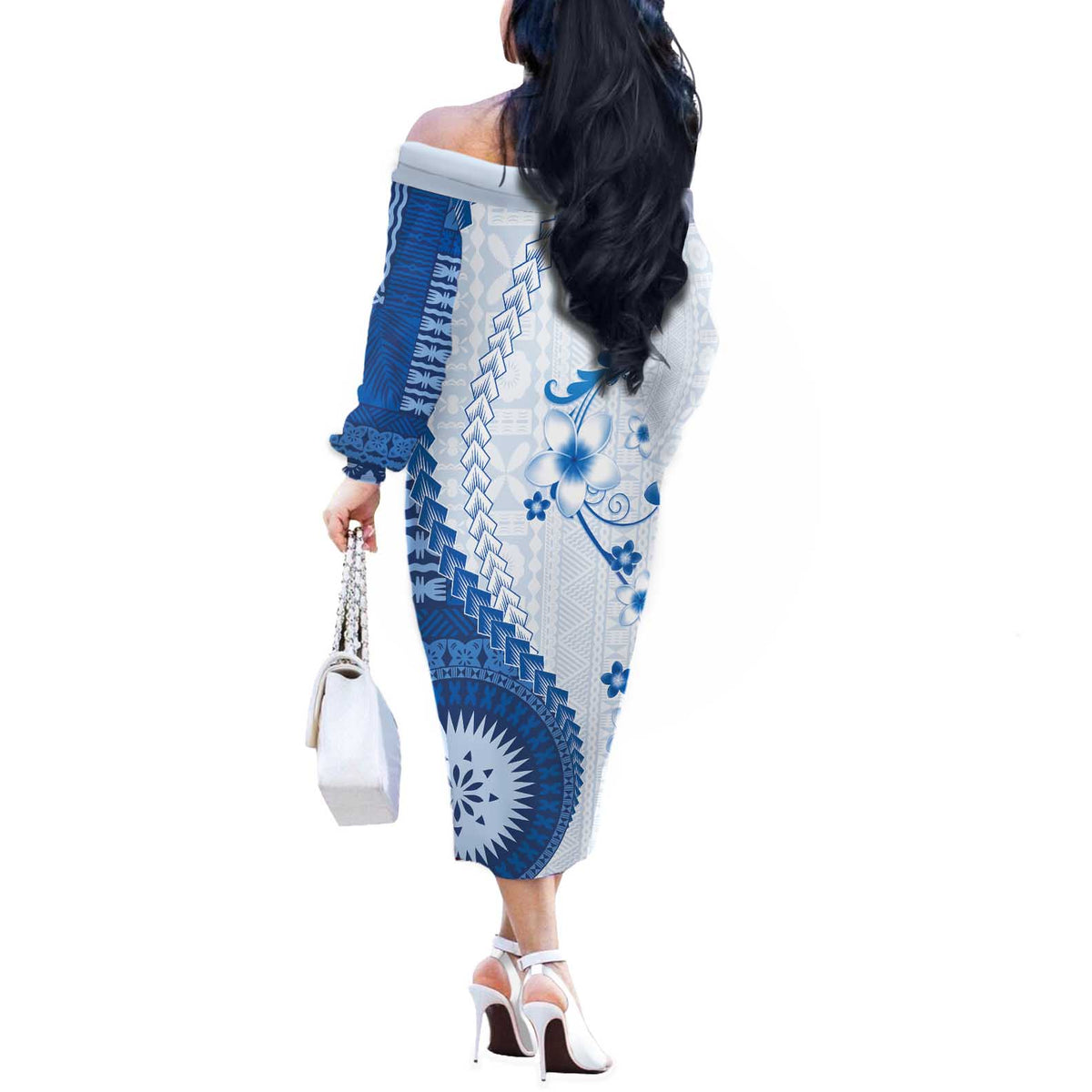 Bula Fiji Off The Shoulder Long Sleeve Dress Blue Plumeria Masi Tapa Pattern - Polynesian Pride