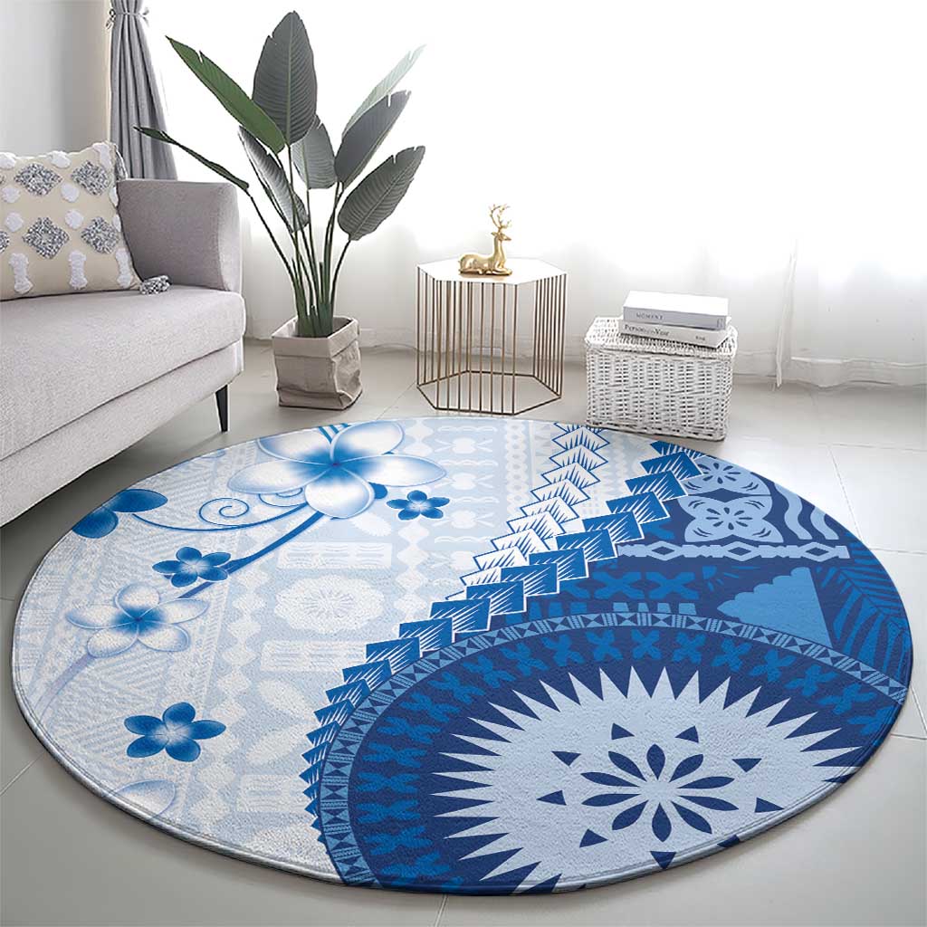 Bula Fiji Round Carpet Blue Plumeria Masi Tapa Pattern LT05 - Polynesian Pride