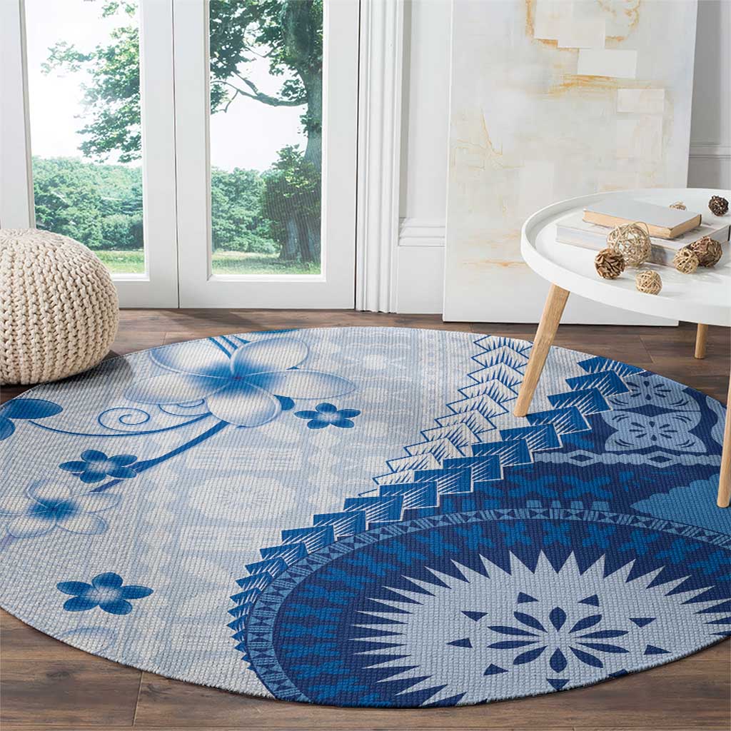 Bula Fiji Round Carpet Blue Plumeria Masi Tapa Pattern LT05 - Polynesian Pride