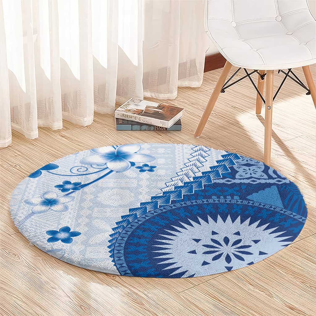 Bula Fiji Round Carpet Blue Plumeria Masi Tapa Pattern LT05 - Polynesian Pride