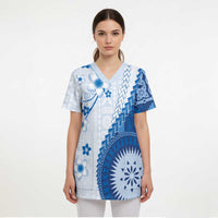 Bula Fiji Scrub Top Blue Plumeria Masi Tapa Pattern LT05 - Polynesian Pride