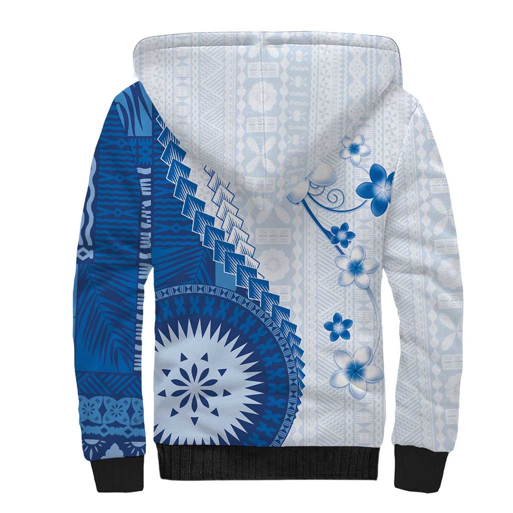 Bula Fiji Sherpa Hoodie Blue Plumeria Masi Tapa Pattern LT05 - Polynesian Pride