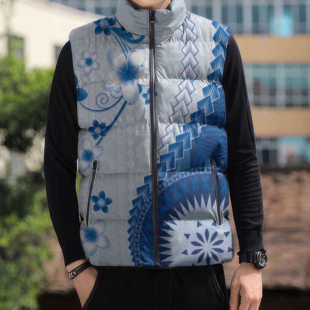 Bula Fiji Sleeveless Puffer Jacket Blue Plumeria Masi Tapa Pattern LT05 - Polynesian Pride