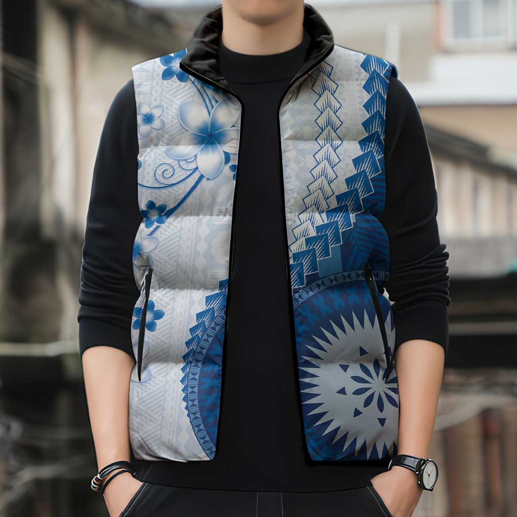 Bula Fiji Sleeveless Puffer Jacket Blue Plumeria Masi Tapa Pattern LT05 - Polynesian Pride
