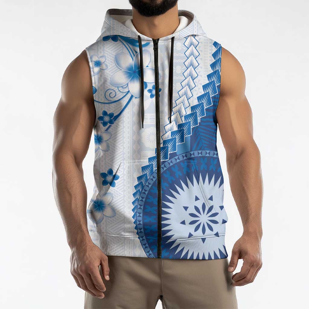 Bula Fiji Sleeveless Zip Hoodie Blue Plumeria Masi Tapa Pattern LT05 - Polynesian Pride
