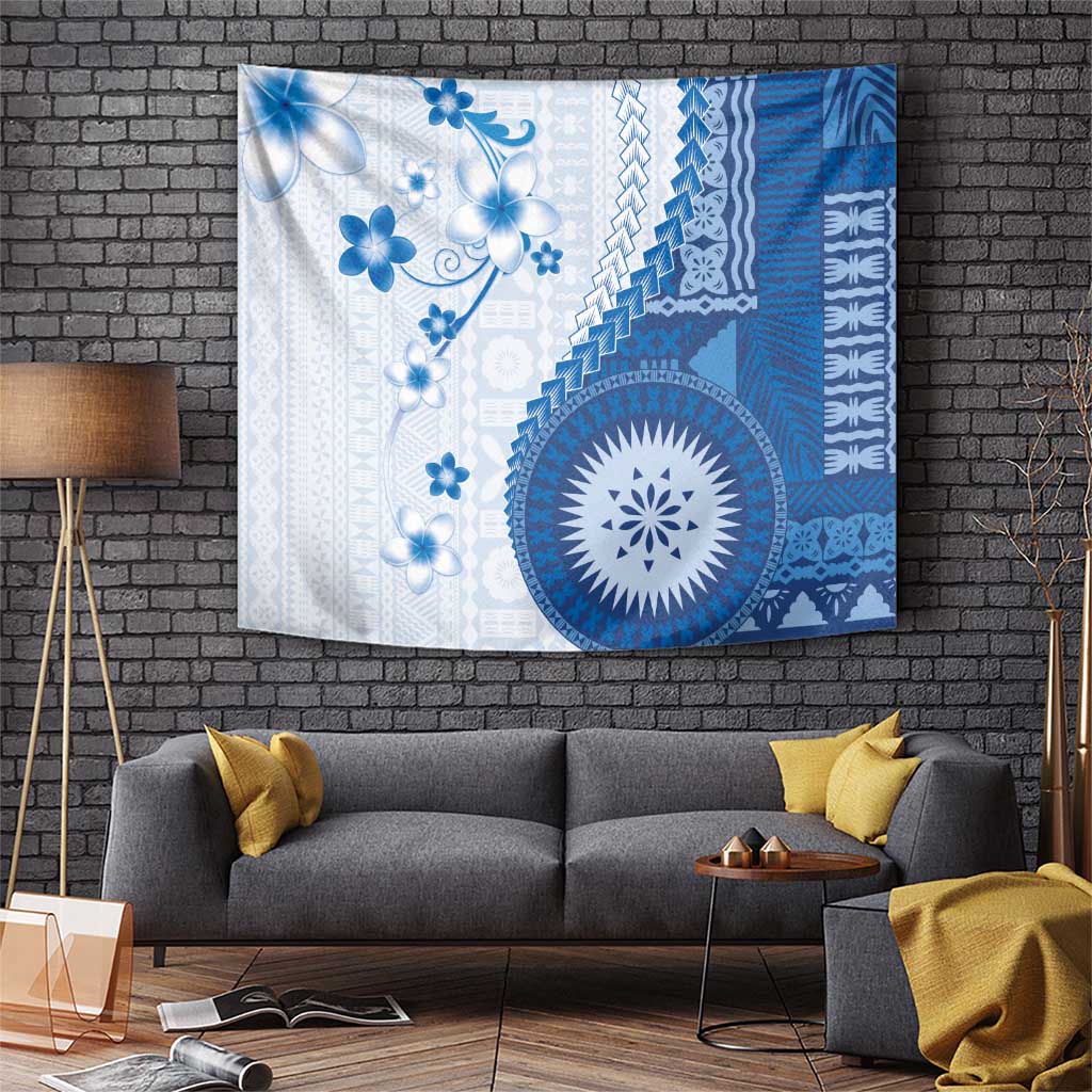 Bula Fiji Tapestry Blue Plumeria Masi Tapa Pattern LT05 Blue - Polynesian Pride