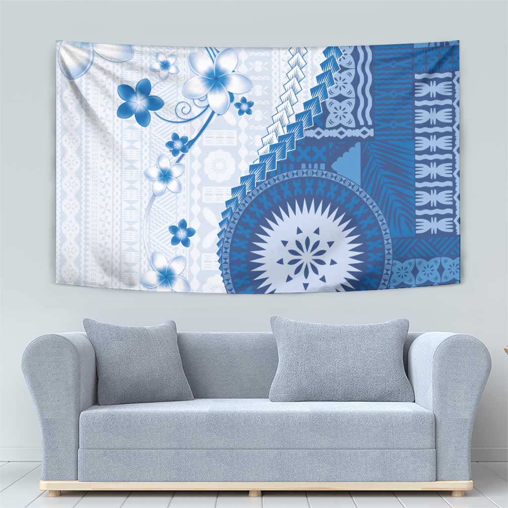 Bula Fiji Tapestry Blue Plumeria Masi Tapa Pattern LT05 - Polynesian Pride