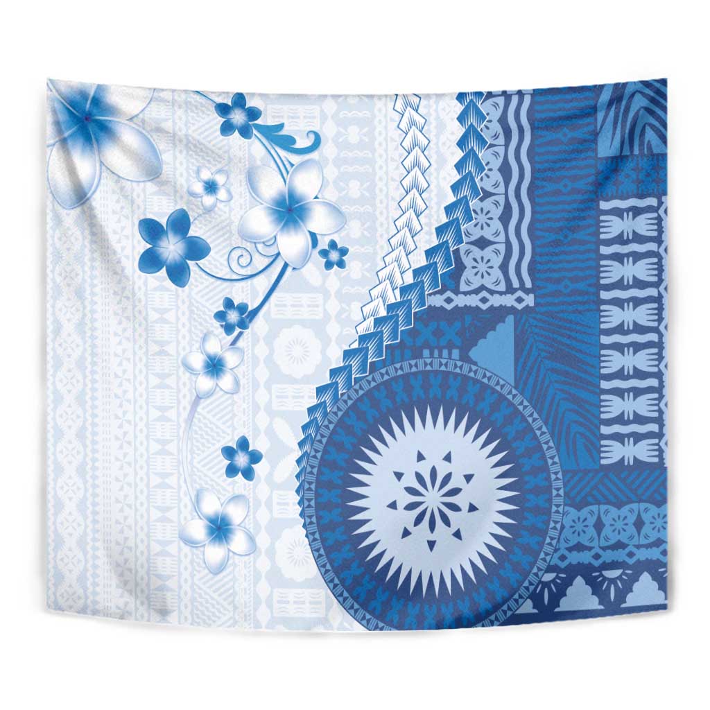 Bula Fiji Tapestry Blue Plumeria Masi Tapa Pattern LT05 - Polynesian Pride