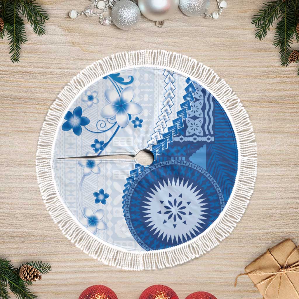 Bula Fiji Tree Skirt Blue Plumeria Masi Tapa Pattern LT05 Fringed Blue - Polynesian Pride