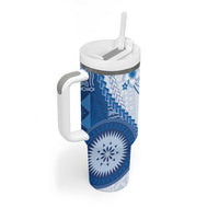 Bula Fiji Tumbler With Handle Blue Plumeria Masi Tapa Pattern LT05 - Polynesian Pride