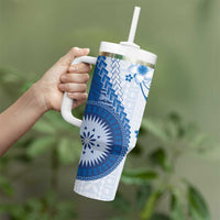 Bula Fiji Tumbler With Handle Blue Plumeria Masi Tapa Pattern LT05 - Polynesian Pride