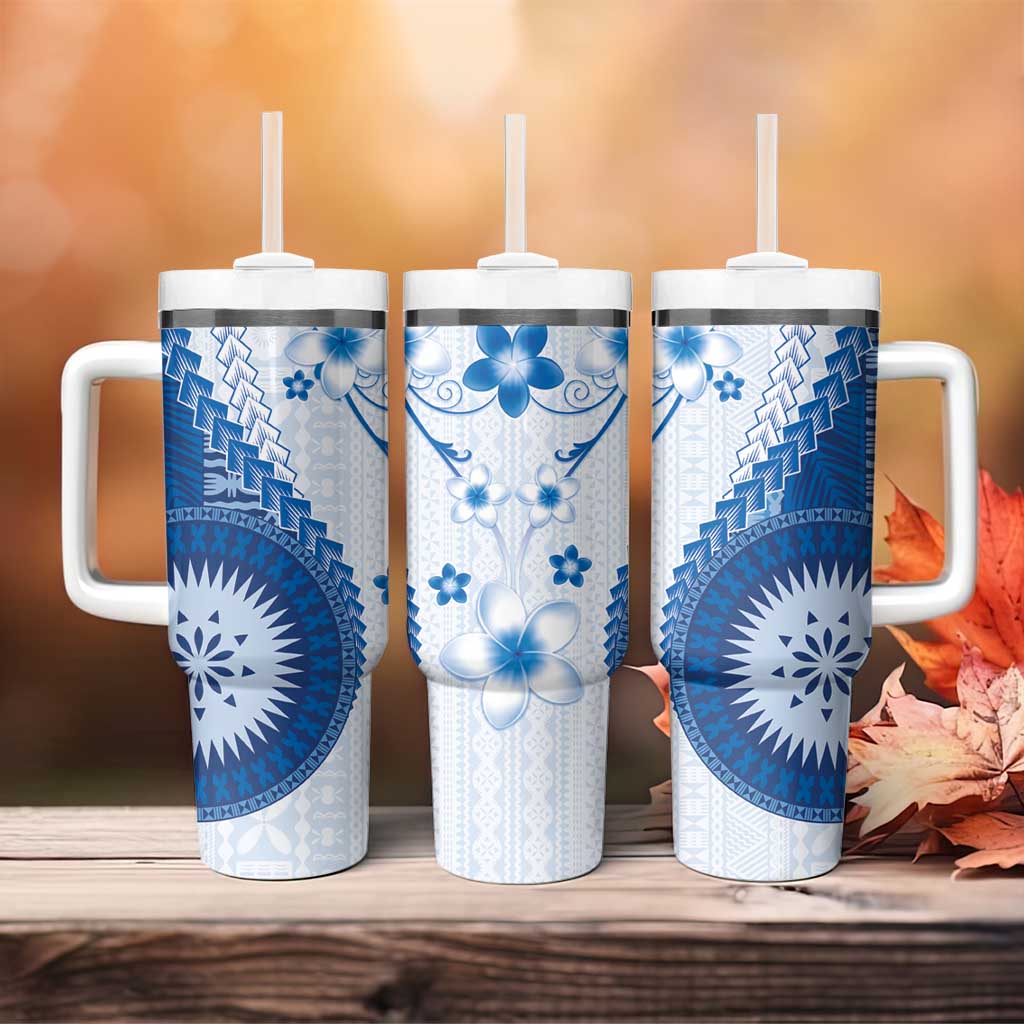 Bula Fiji Tumbler With Handle Blue Plumeria Masi Tapa Pattern LT05 - Polynesian Pride