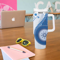 Bula Fiji Tumbler With Handle Blue Plumeria Masi Tapa Pattern LT05 - Polynesian Pride