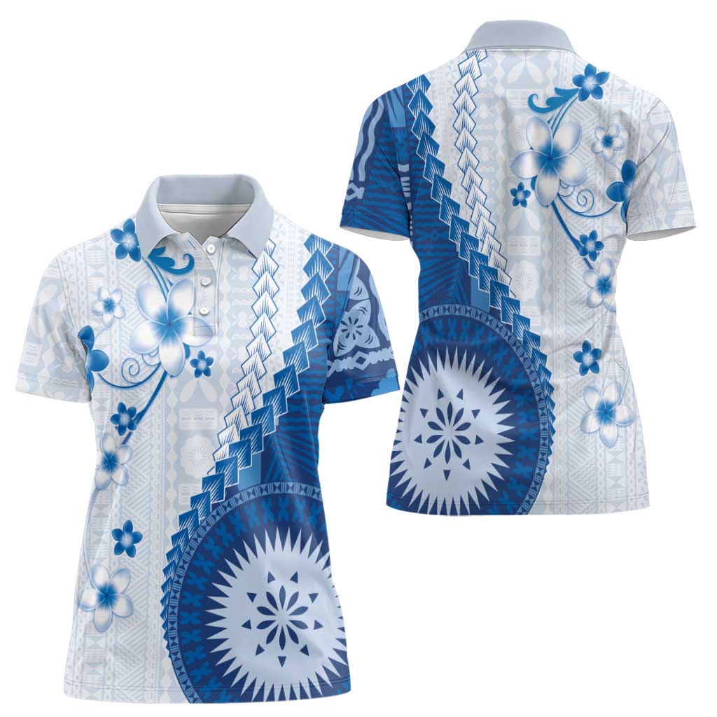 Bula Fiji Women Polo Shirt Blue Plumeria Masi Tapa Pattern - Polynesian Pride