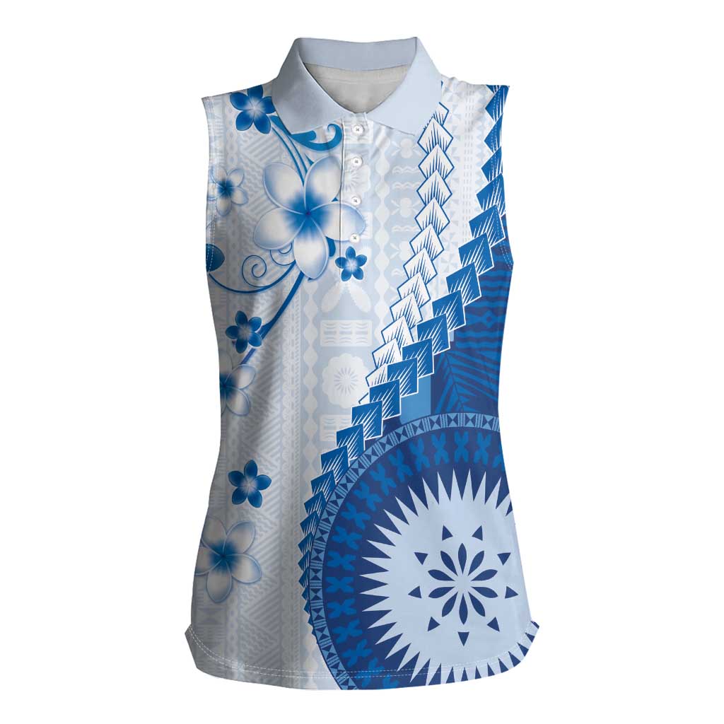 Bula Fiji Women Sleeveless Polo Shirt Blue Plumeria Masi Tapa Pattern LT05 Female Blue - Polynesian Pride