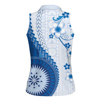 Bula Fiji Women Sleeveless Polo Shirt Blue Plumeria Masi Tapa Pattern LT05 - Polynesian Pride