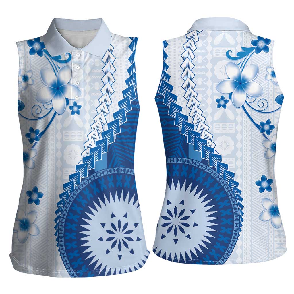 Bula Fiji Women Sleeveless Polo Shirt Blue Plumeria Masi Tapa Pattern LT05 - Polynesian Pride
