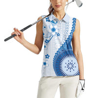 Bula Fiji Women Sleeveless Polo Shirt Blue Plumeria Masi Tapa Pattern LT05 - Polynesian Pride