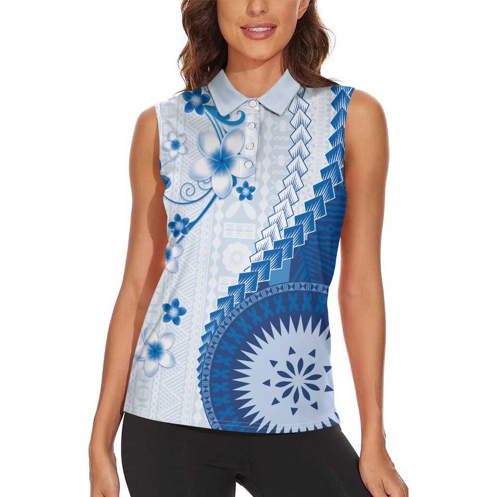 Bula Fiji Women Sleeveless Polo Shirt Blue Plumeria Masi Tapa Pattern LT05 - Polynesian Pride
