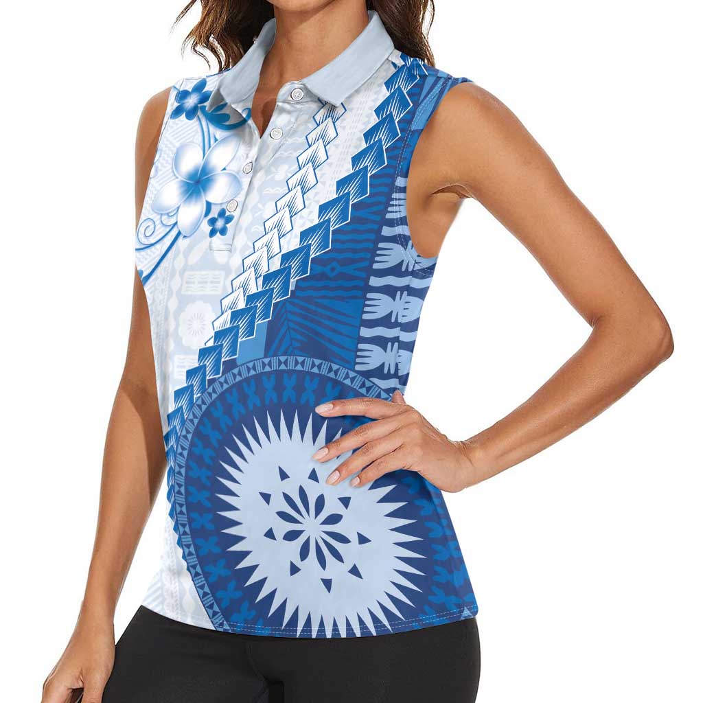 Bula Fiji Women Sleeveless Polo Shirt Blue Plumeria Masi Tapa Pattern LT05 - Polynesian Pride