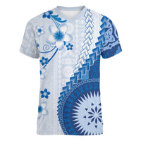 Bula Fiji Women V-Neck T-Shirt Blue Plumeria Masi Tapa Pattern - Polynesian Pride