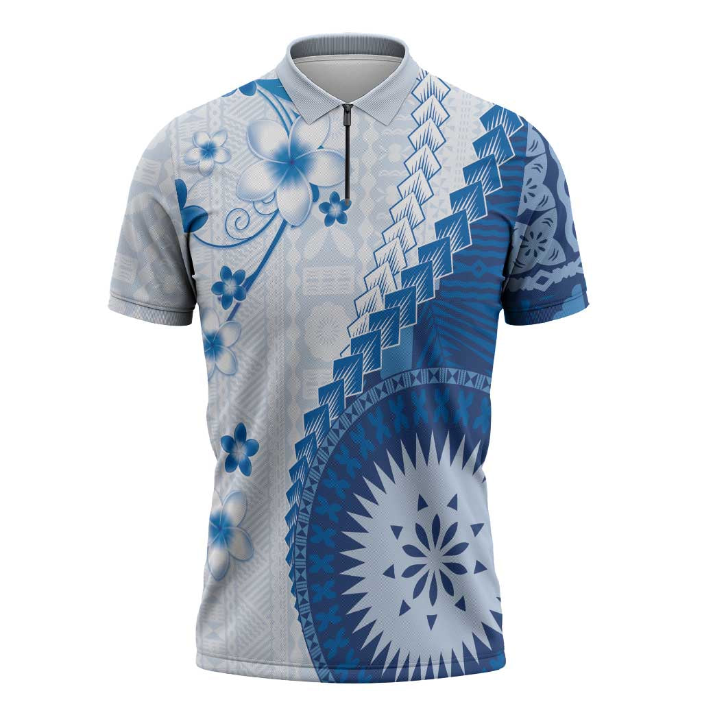Bula Fiji Zipper Polo Shirt Blue Plumeria Masi Tapa Pattern - Polynesian Pride