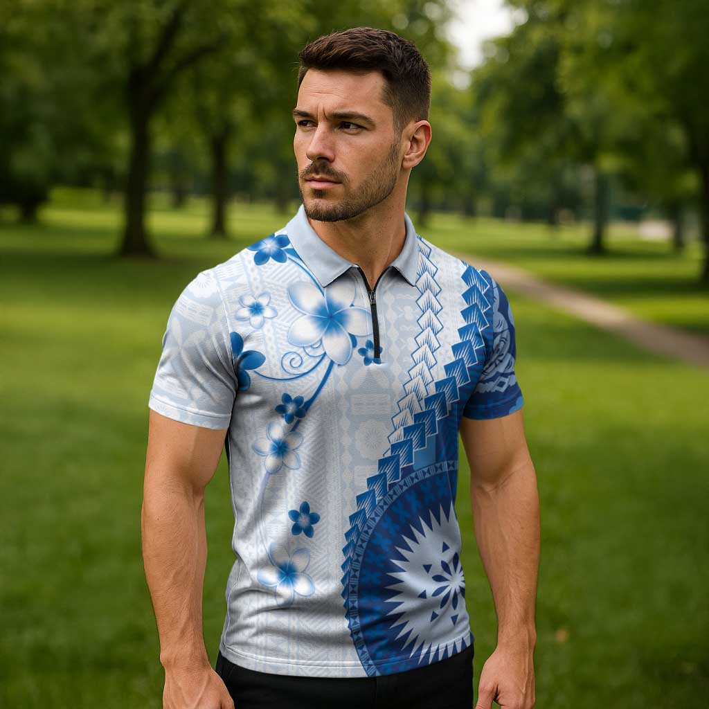 Bula Fiji Zipper Polo Shirt Blue Plumeria Masi Tapa Pattern - Polynesian Pride