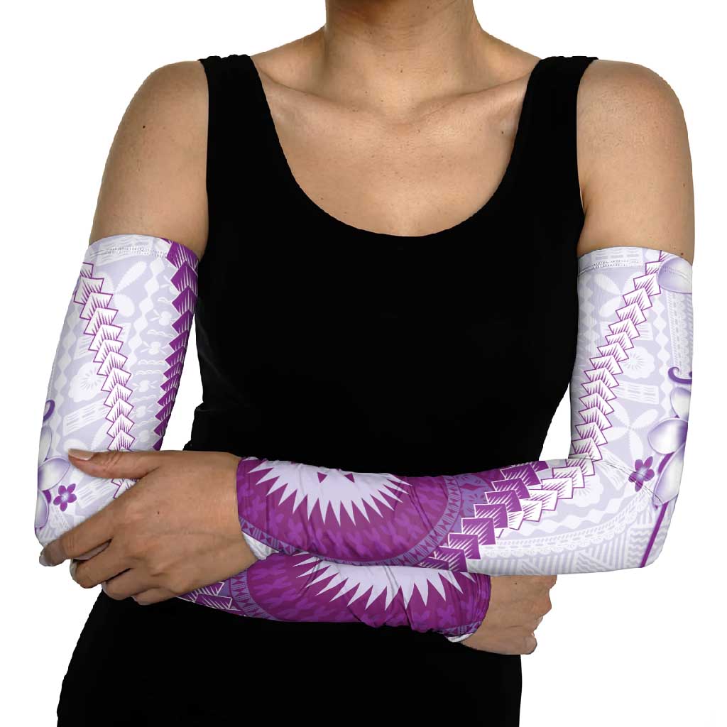 Bula Fiji Arm Sleeves Violet Plumeria Masi Tapa Pattern LT05 - Polynesian Pride