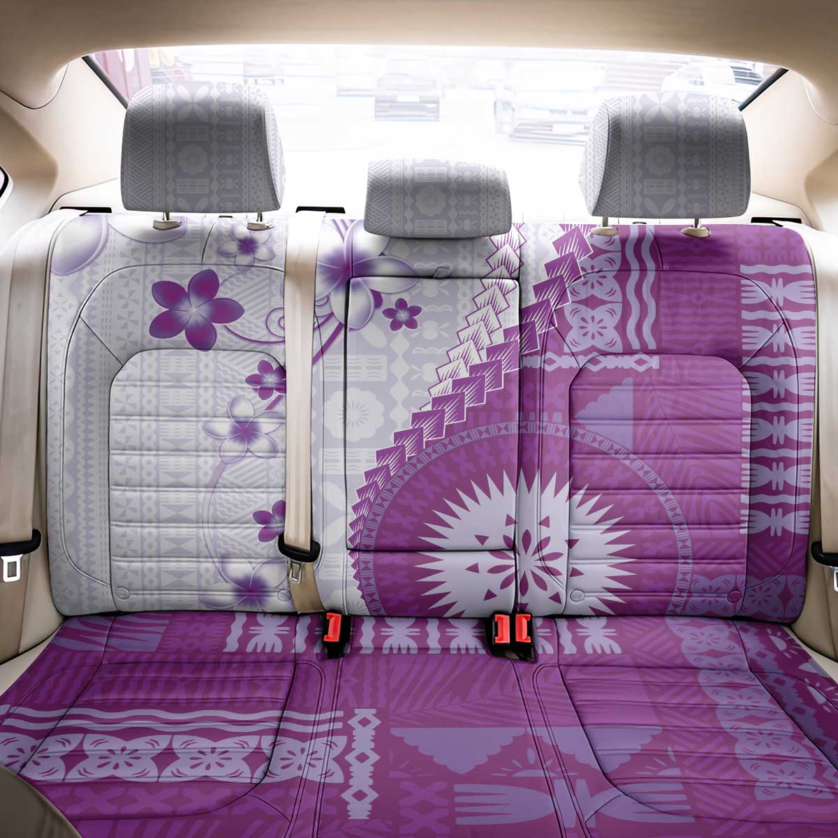 Bula Fiji Back Car Seat Cover Violet Plumeria Masi Tapa Pattern - Polynesian Pride