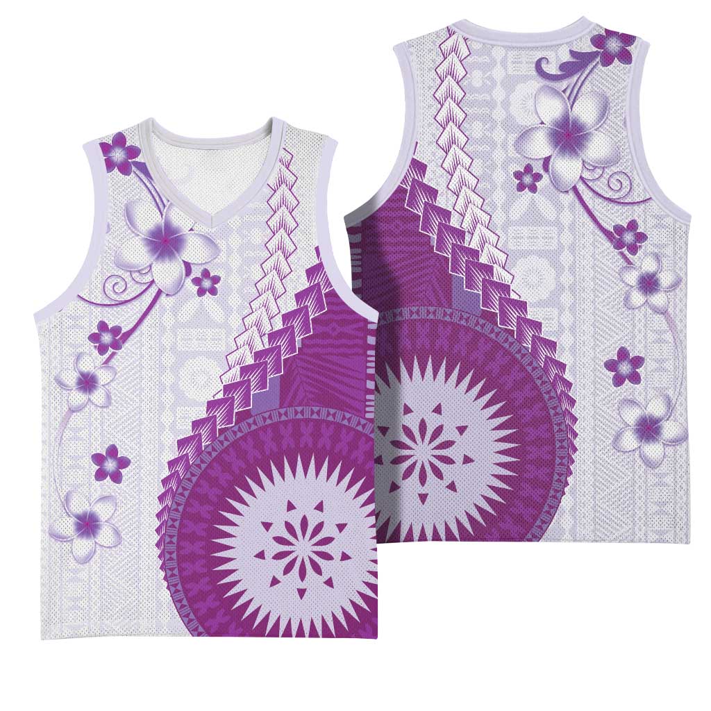 Bula Fiji Basketball Jersey Violet Plumeria Masi Tapa Pattern LT05 - Polynesian Pride