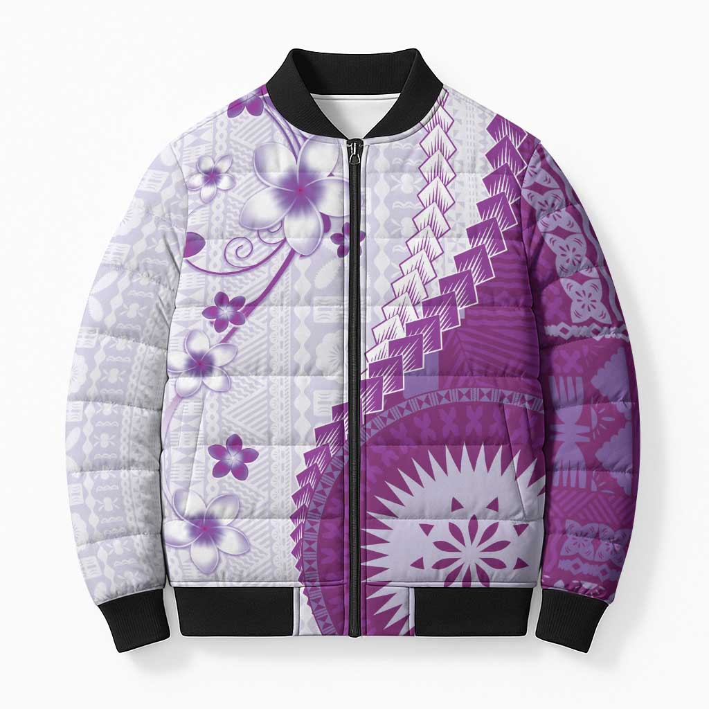 Bula Fiji Bomber Puffer Jacket Violet Plumeria Masi Tapa Pattern LT05 Unisex Violet - Polynesian Pride