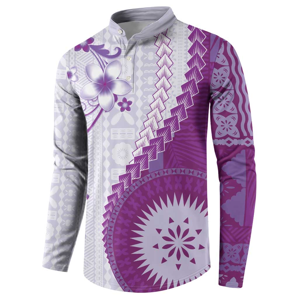 Bula Fiji Button Sweatshirt Violet Plumeria Masi Tapa Pattern LT05 - Polynesian Pride