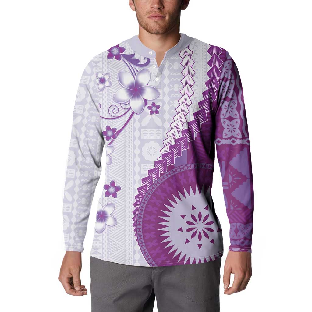Bula Fiji Button Sweatshirt Violet Plumeria Masi Tapa Pattern LT05 - Polynesian Pride