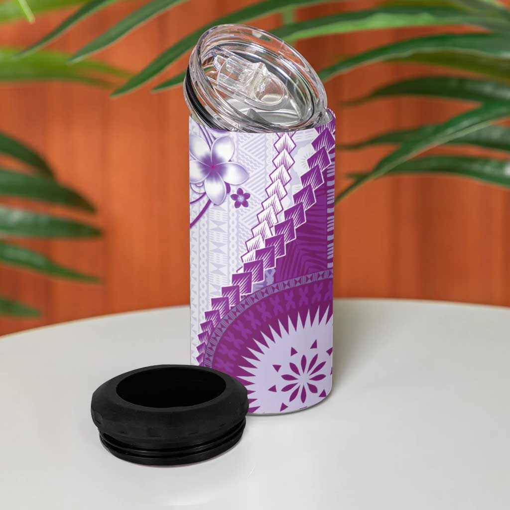 Bula Fiji 4 in 1 Can Cooler Tumbler Violet Plumeria Masi Tapa Pattern LT05 - Polynesian Pride