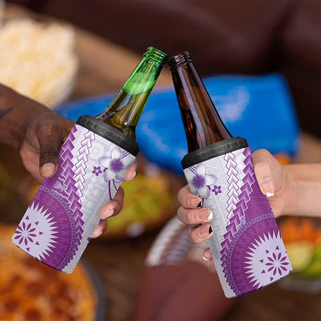 Bula Fiji 4 in 1 Can Cooler Tumbler Violet Plumeria Masi Tapa Pattern LT05 - Polynesian Pride