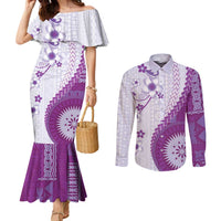 Bula Fiji Couples Matching Mermaid Dress and Long Sleeve Button Shirt Violet Plumeria Masi Tapa Pattern LT05 Violet - Polynesian Pride