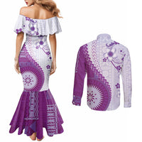 Bula Fiji Couples Matching Mermaid Dress and Long Sleeve Button Shirt Violet Plumeria Masi Tapa Pattern LT05 - Polynesian Pride