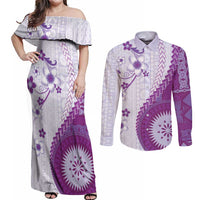 Bula Fiji Couples Matching Off Shoulder Maxi Dress and Long Sleeve Button Shirt Violet Plumeria Masi Tapa Pattern LT05 Violet - Polynesian Pride