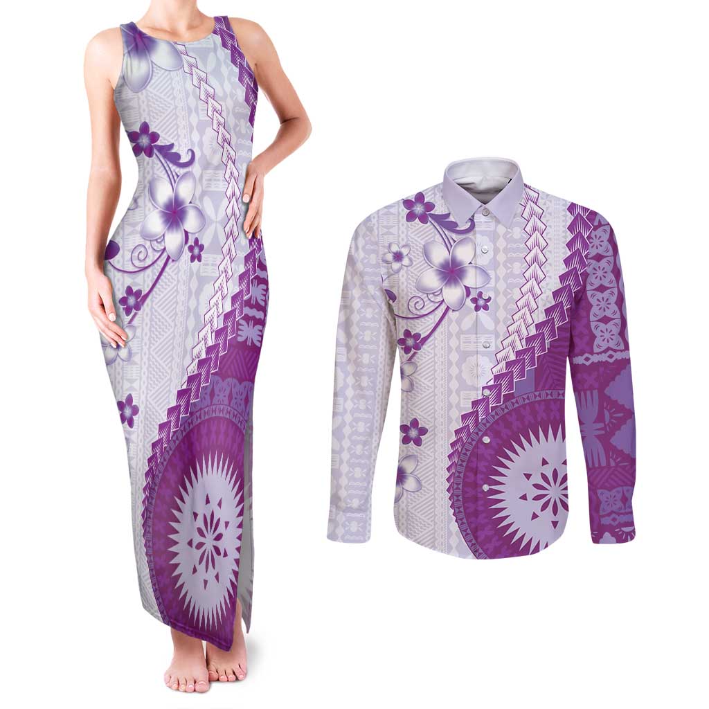 Bula Fiji Couples Matching Tank Maxi Dress and Long Sleeve Button Shirt Violet Plumeria Masi Tapa Pattern LT05 Violet - Polynesian Pride