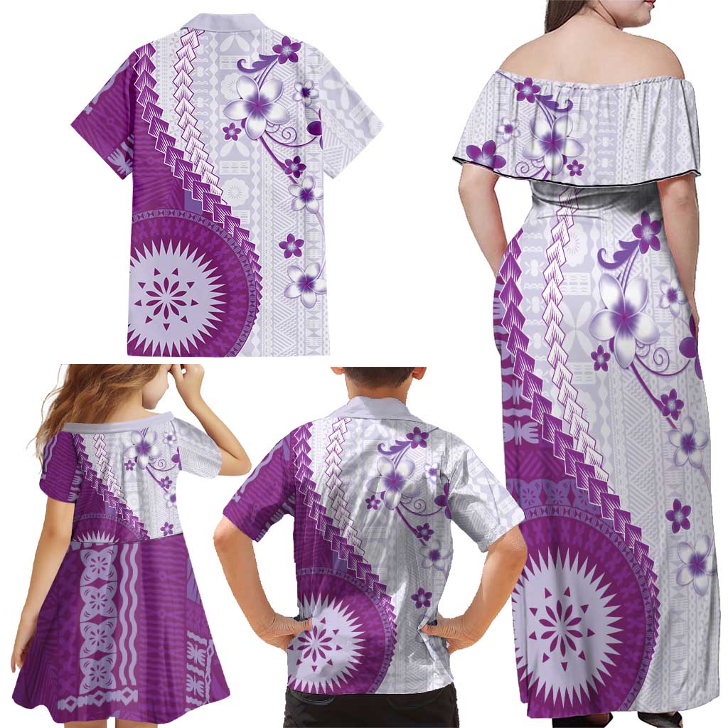Bula Fiji Family Matching Off Shoulder Maxi Dress and Hawaiian Shirt Violet Plumeria Masi Tapa Pattern - Polynesian Pride
