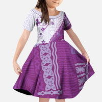 Bula Fiji Family Matching Off Shoulder Short Dress and Hawaiian Shirt Violet Plumeria Masi Tapa Pattern LT05 Daughter's Dress Violet - Polynesian Pride