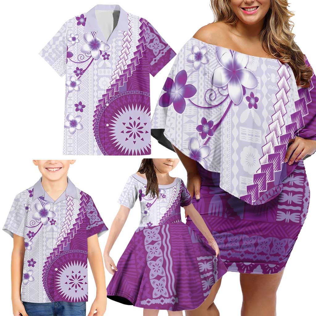 Bula Fiji Family Matching Off Shoulder Short Dress and Hawaiian Shirt Violet Plumeria Masi Tapa Pattern LT05 - Polynesian Pride