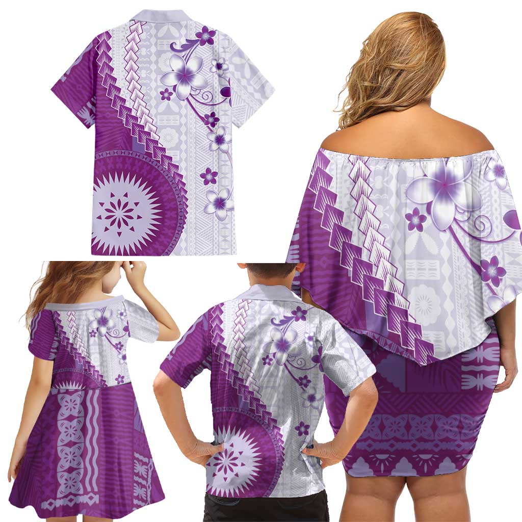 Bula Fiji Family Matching Off Shoulder Short Dress and Hawaiian Shirt Violet Plumeria Masi Tapa Pattern LT05 - Polynesian Pride